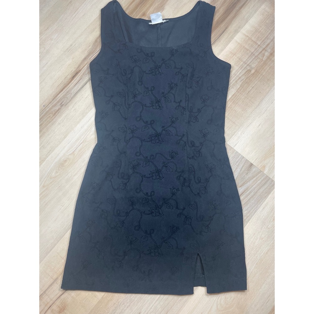 Vintage Rampage Black Floral Embroidered Square Neck Mini Dress Front Slit 7
